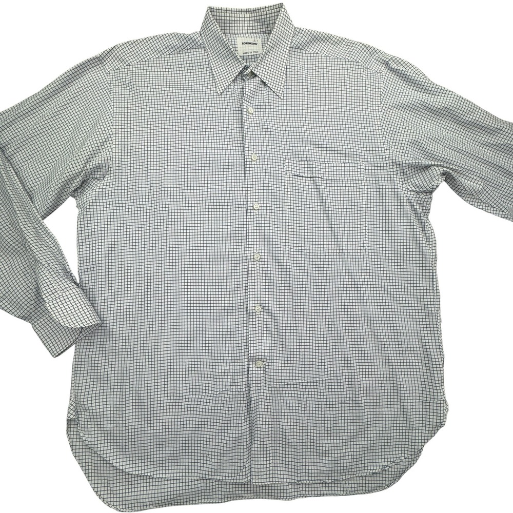 Lorenzini Dress Shirt Mens 16 41 Blue White Grid Plaid Made Italy Cotton Classic